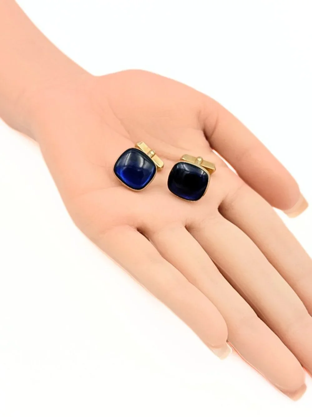 Antique Art Deco Swank Signed Cushion Cut Blue Glass MCM Minimalist Cufflinks
